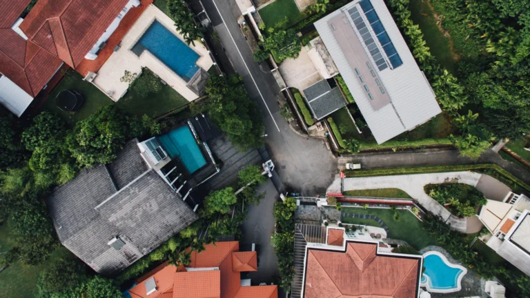 Aerial view of rows of houses in a planned residential neighbourhood