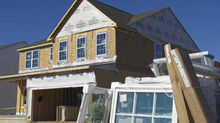A house under construction with building materials outside