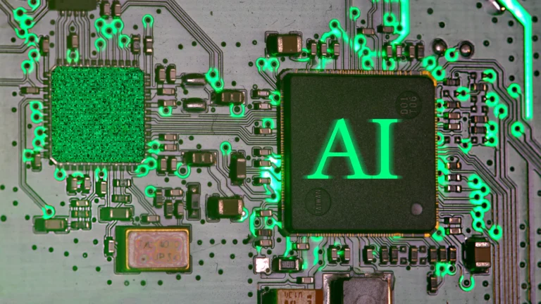 A glowing AI processor chip on a circuit board