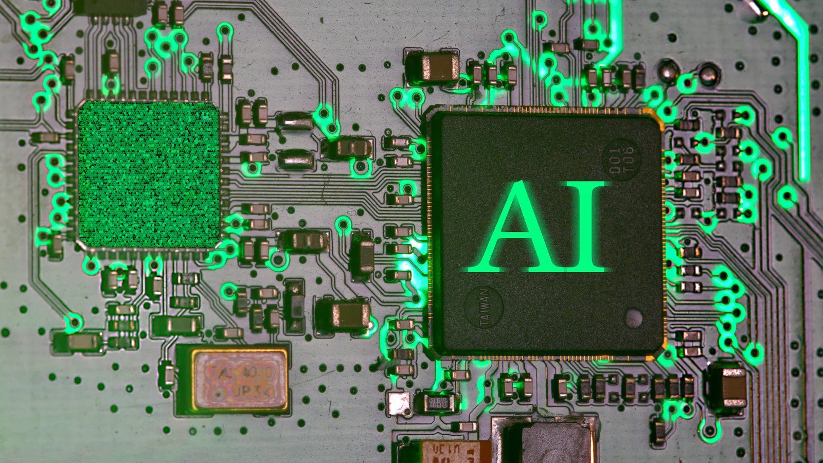 A glowing AI processor chip on a circuit board