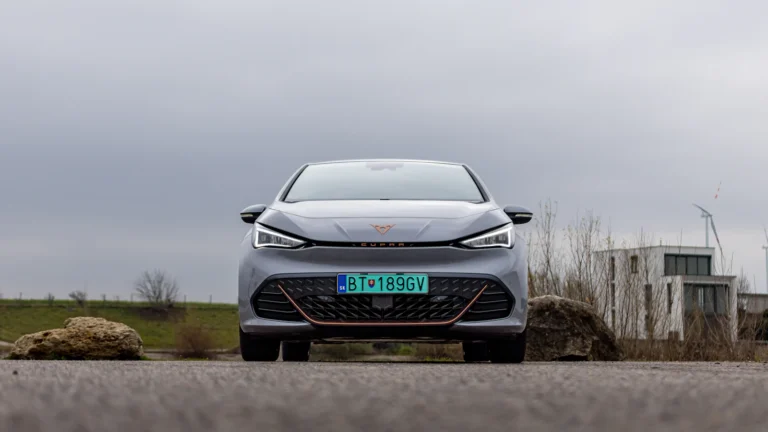 Front view of an electric hatchback parked outdoors