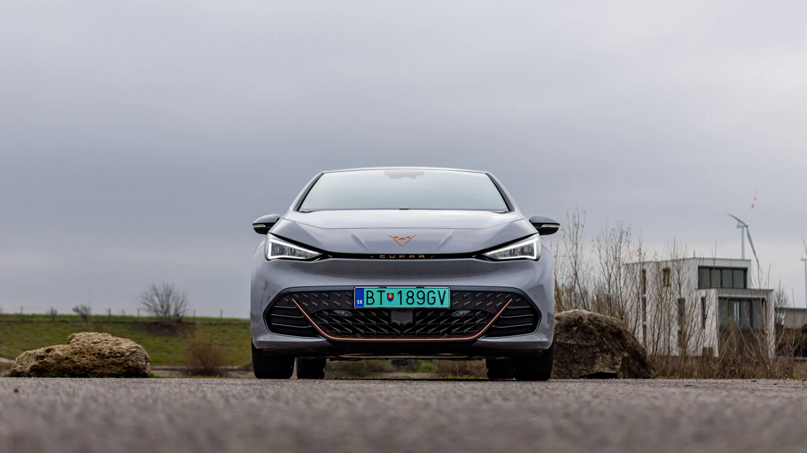 Front view of an electric hatchback parked outdoors