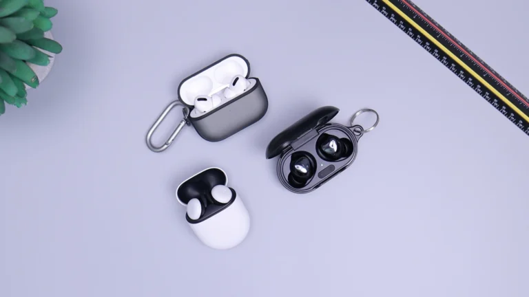 AirPods Pro, Pixel Buds and other earbuds on a desk
