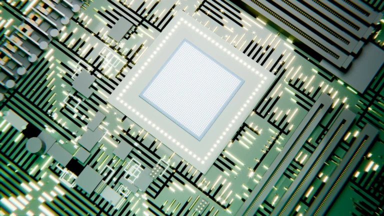 A glowing processor chip on a green circuit board, illustrating advanced computing